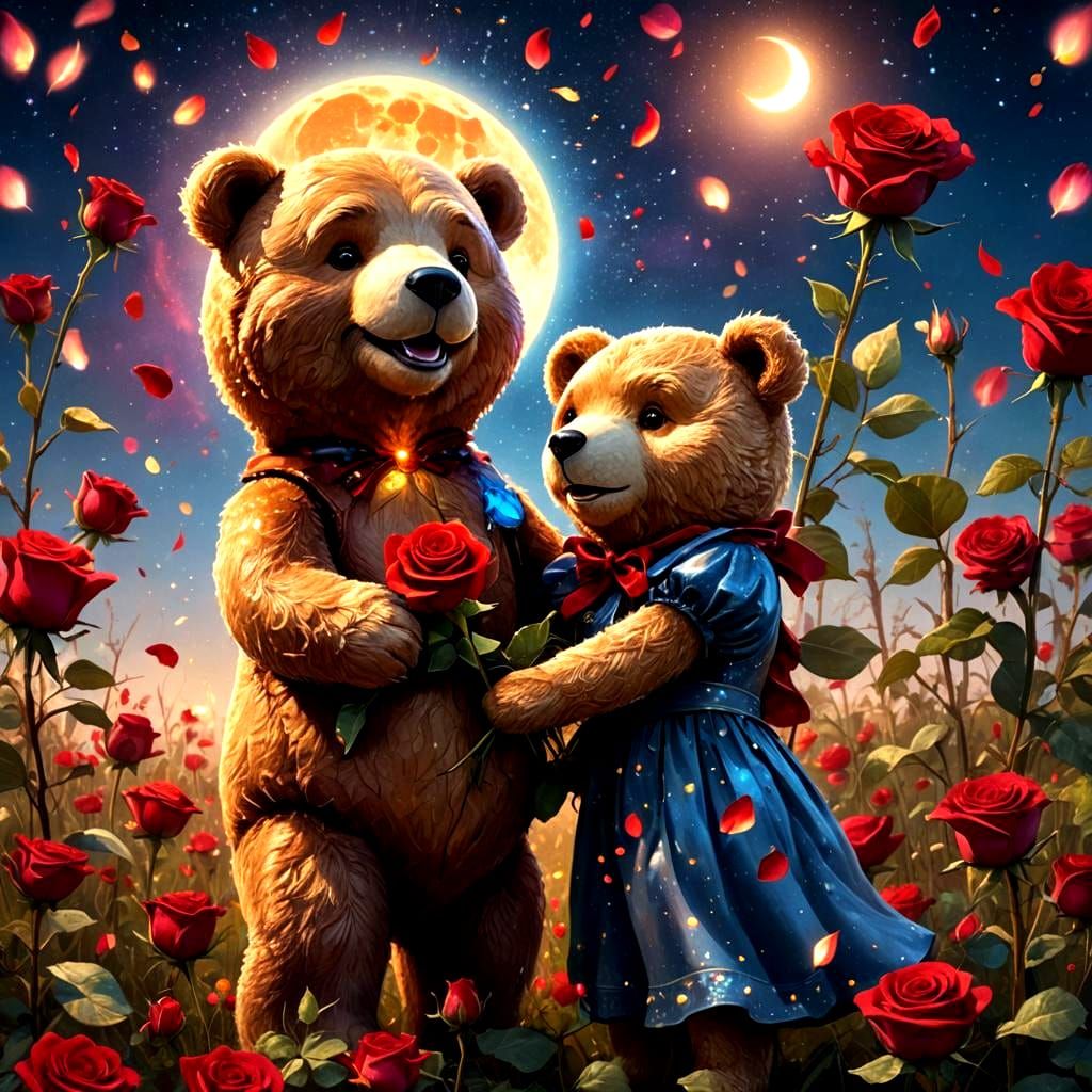 Teddy Bears Proposing Under Blue Moon, Fantasy Art