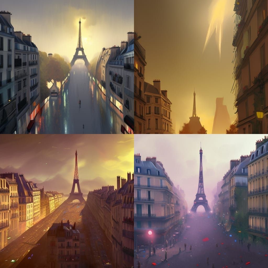 Paris Street Scene with UFOs in Art Nouveau Style