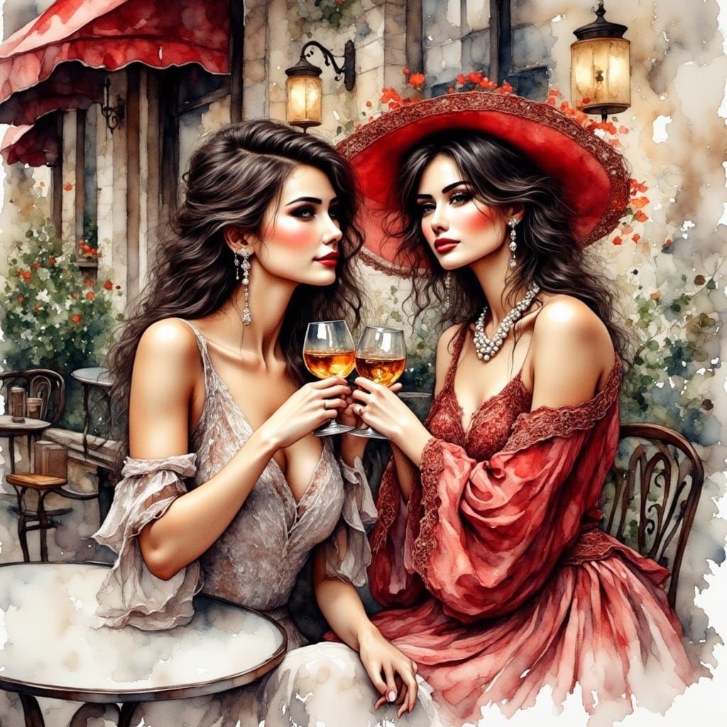 Elegantly Dressed Women at Cafe in Watercolor Style