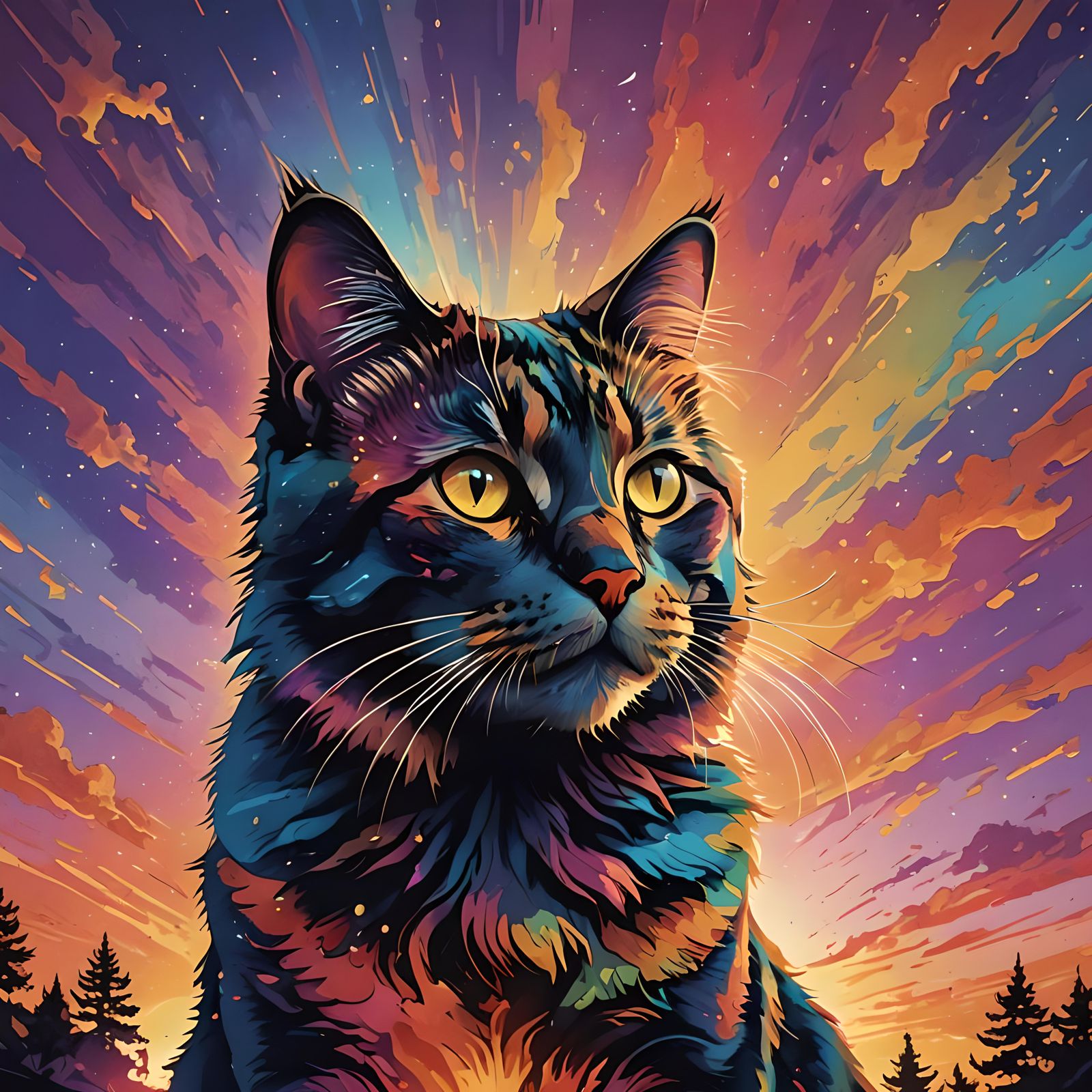 Psychedelic Cat Silhouette with Cosmic Aura