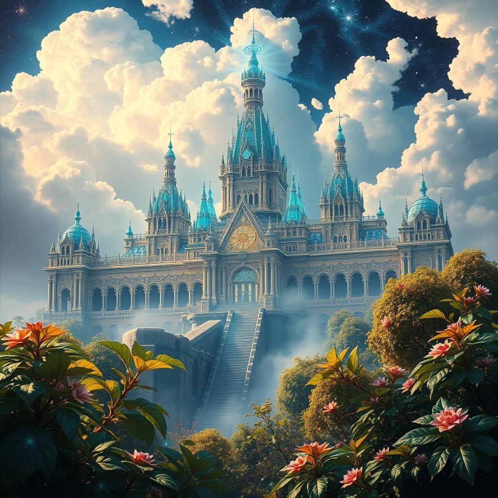 Majestic Palace Radiating Blue Luminescence in Astral Landsc...