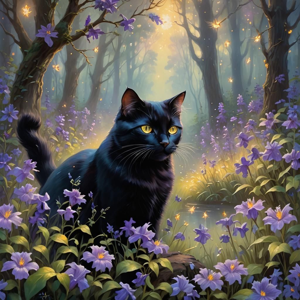 Black Cat in Mystical Forest: Kinkade-Inspired Oil Painting