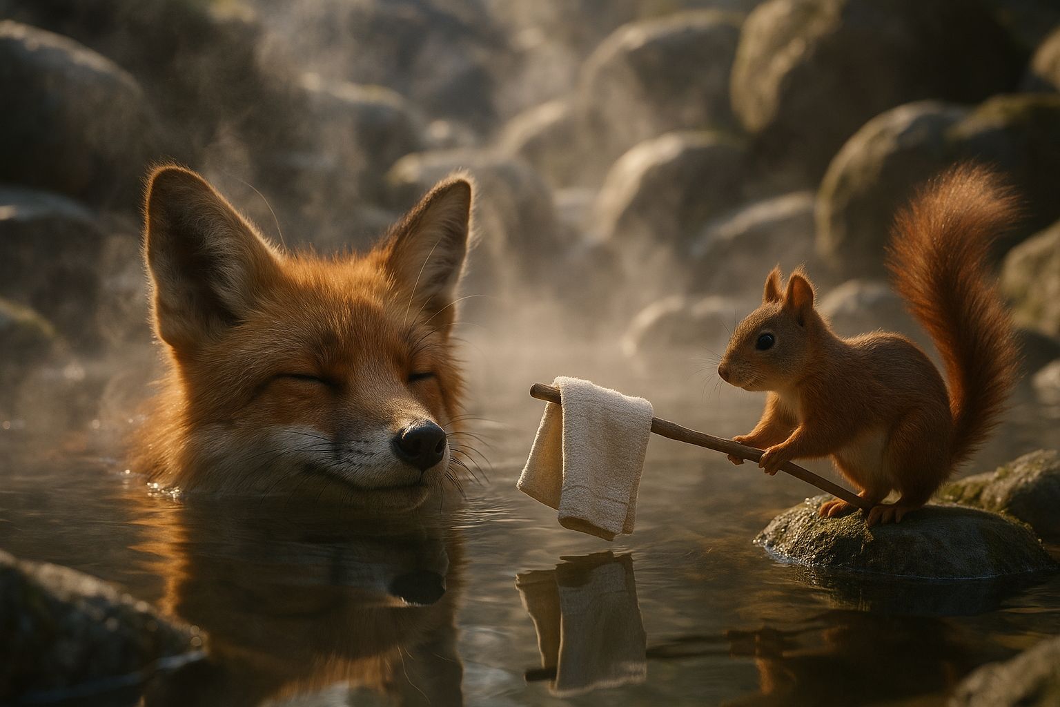 Fox Lounging in Hot Spring with Squirrel