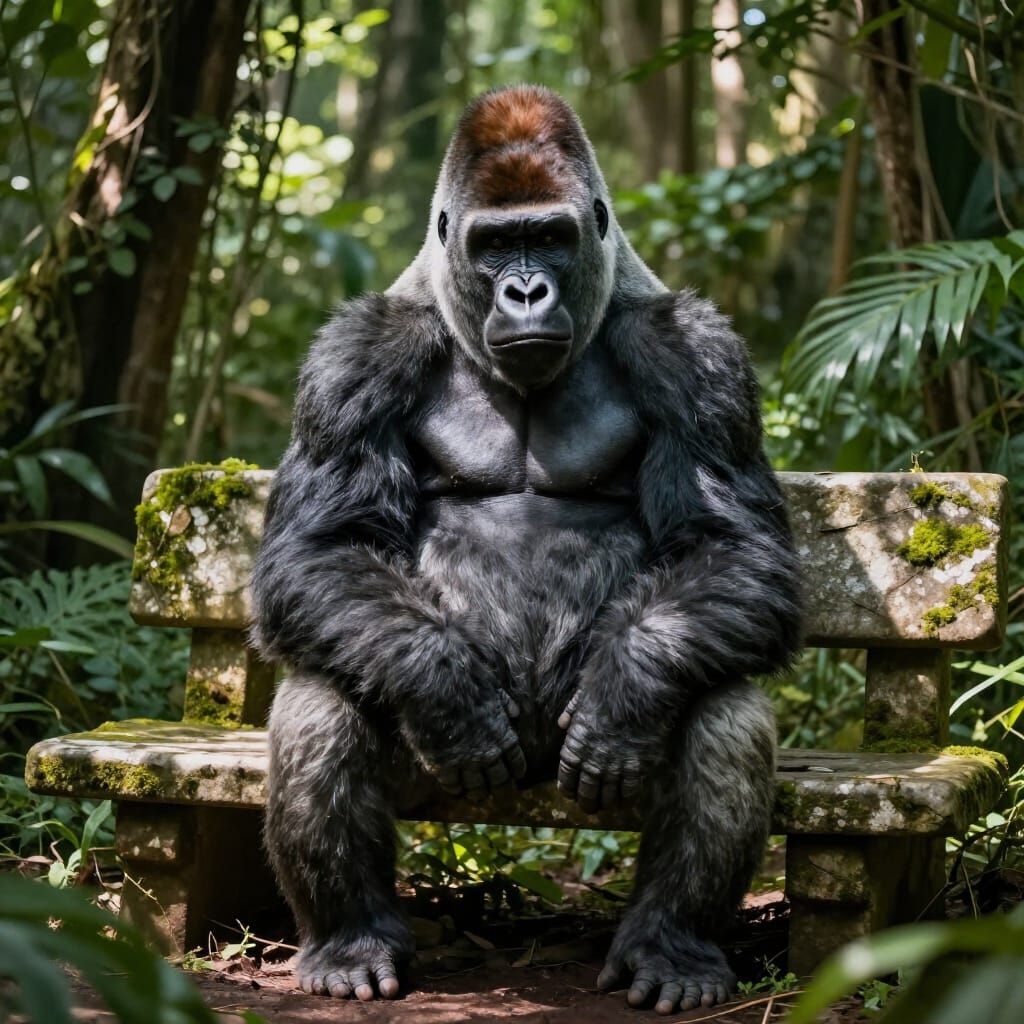 Hyperrealistic Gorilla on Stone Bench in Jungle Clearing