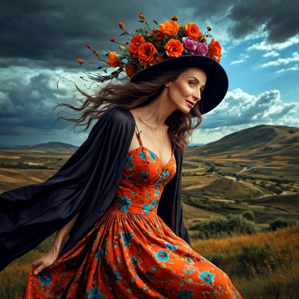 Elegant Woman in a Vibrant Surreal Landscape