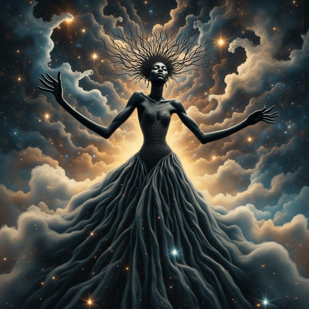 Spectral Black Queen in Celestial Ballroom as Surreal Art