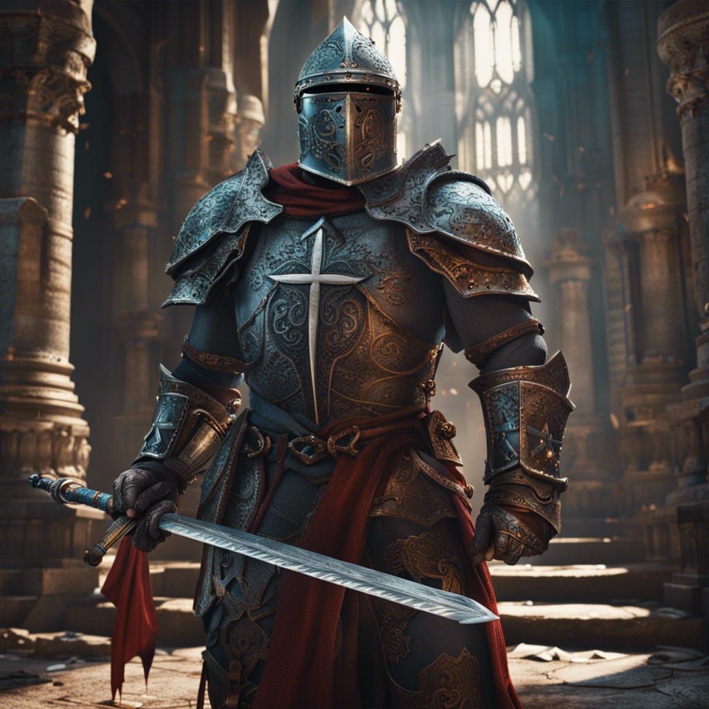 Crusader Knight in Temple: Detailed Matte Painting
