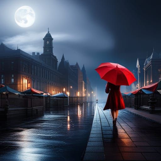 Woman in Red Umbrella During Thunderstorm