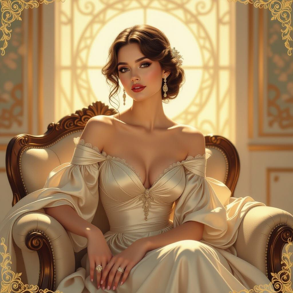 Elegant Woman in Lavish Room, Art Nouveau Style