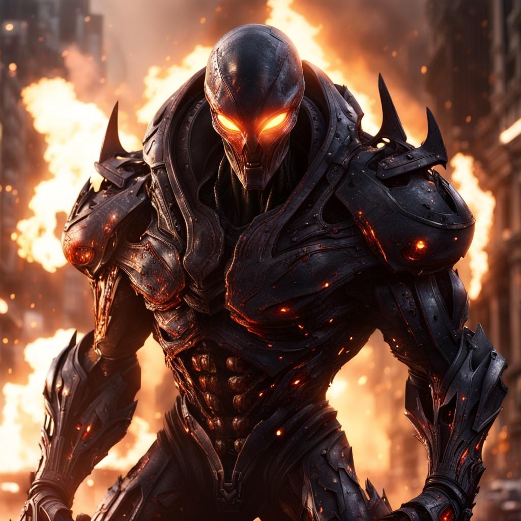 Muscular Alien Super Villain Destroys City in Flames