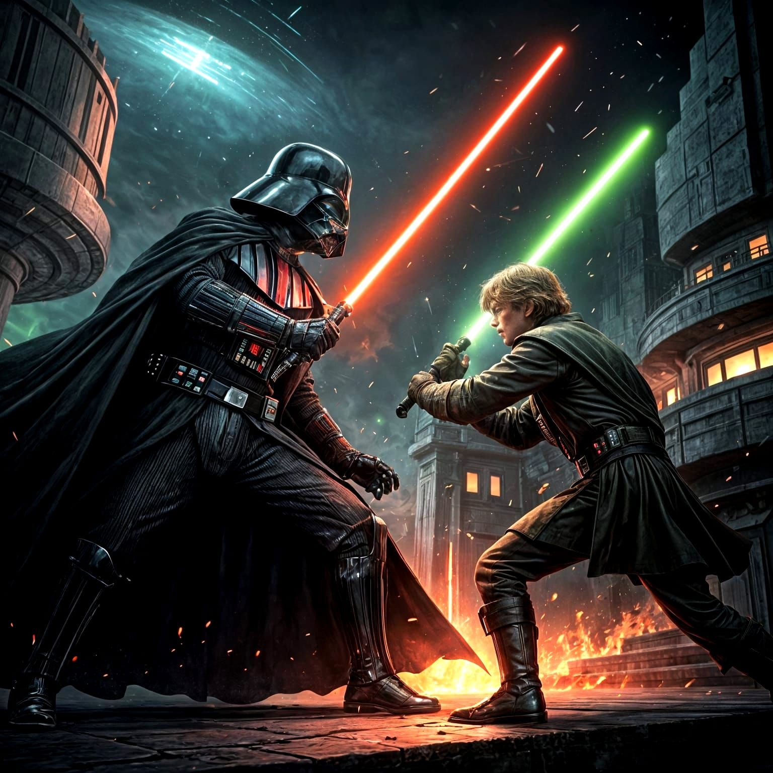 Epic Lightsaber Duel: Vader vs. Skywalker in Sci-Fi Art