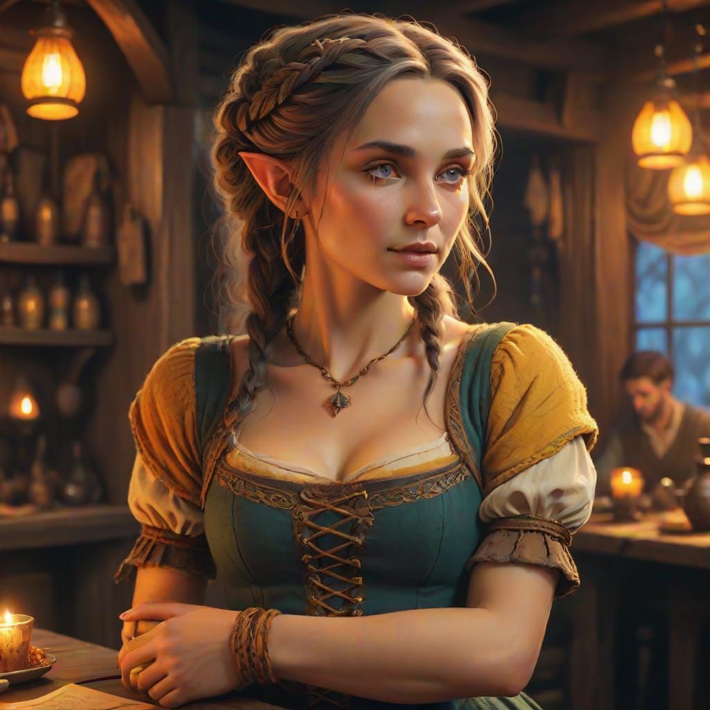Hyperrealistic Elvish Tavern Wench in Warm Golden Light