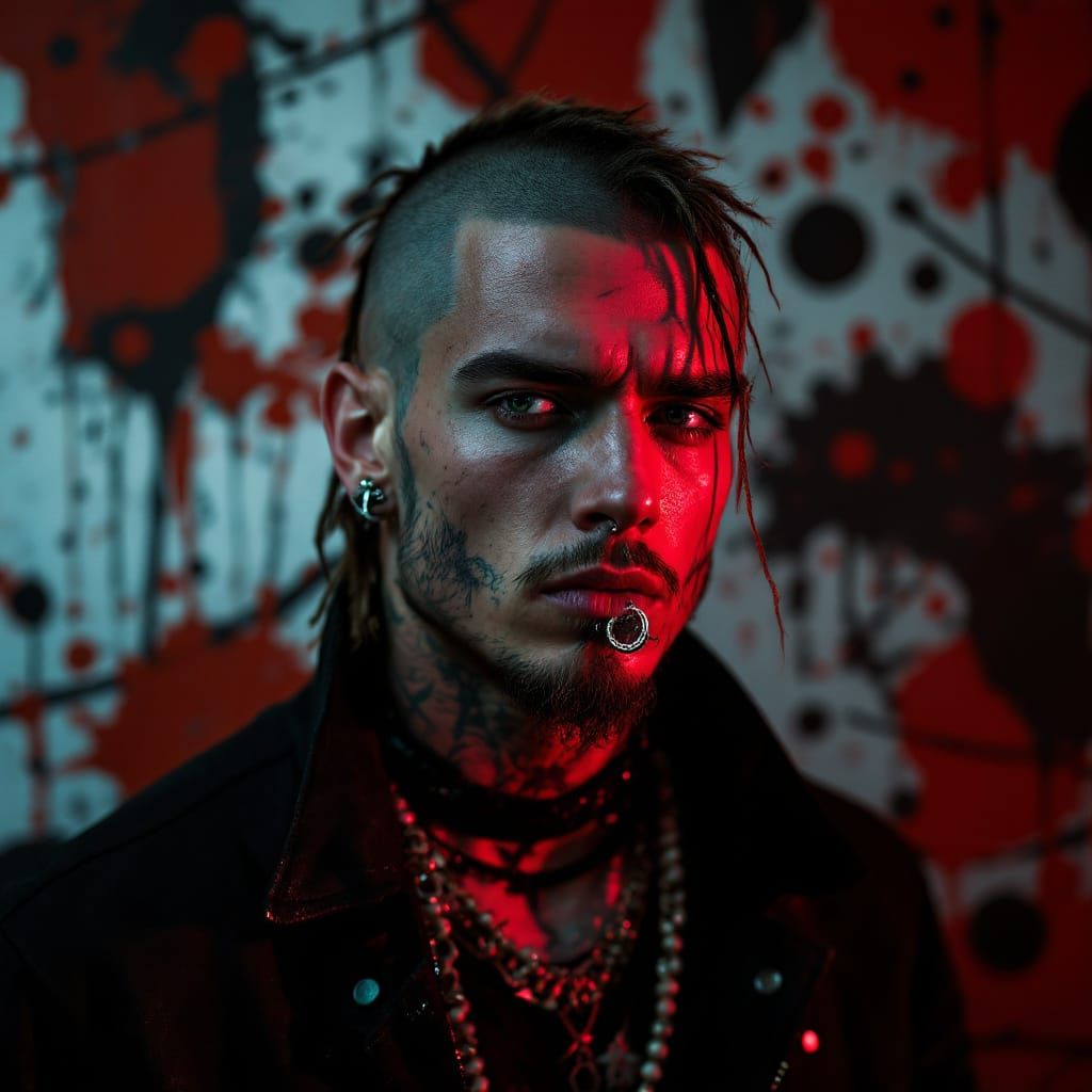 Grunge Hippie Portrait with Trash Polka Background