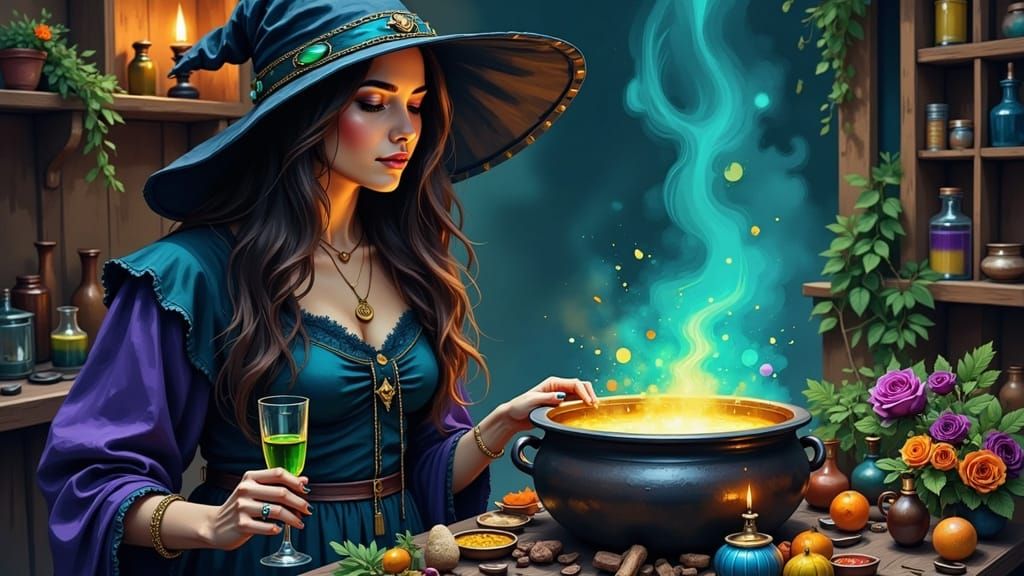 Whimsical Witch Stirring Potions, Digital Illustration