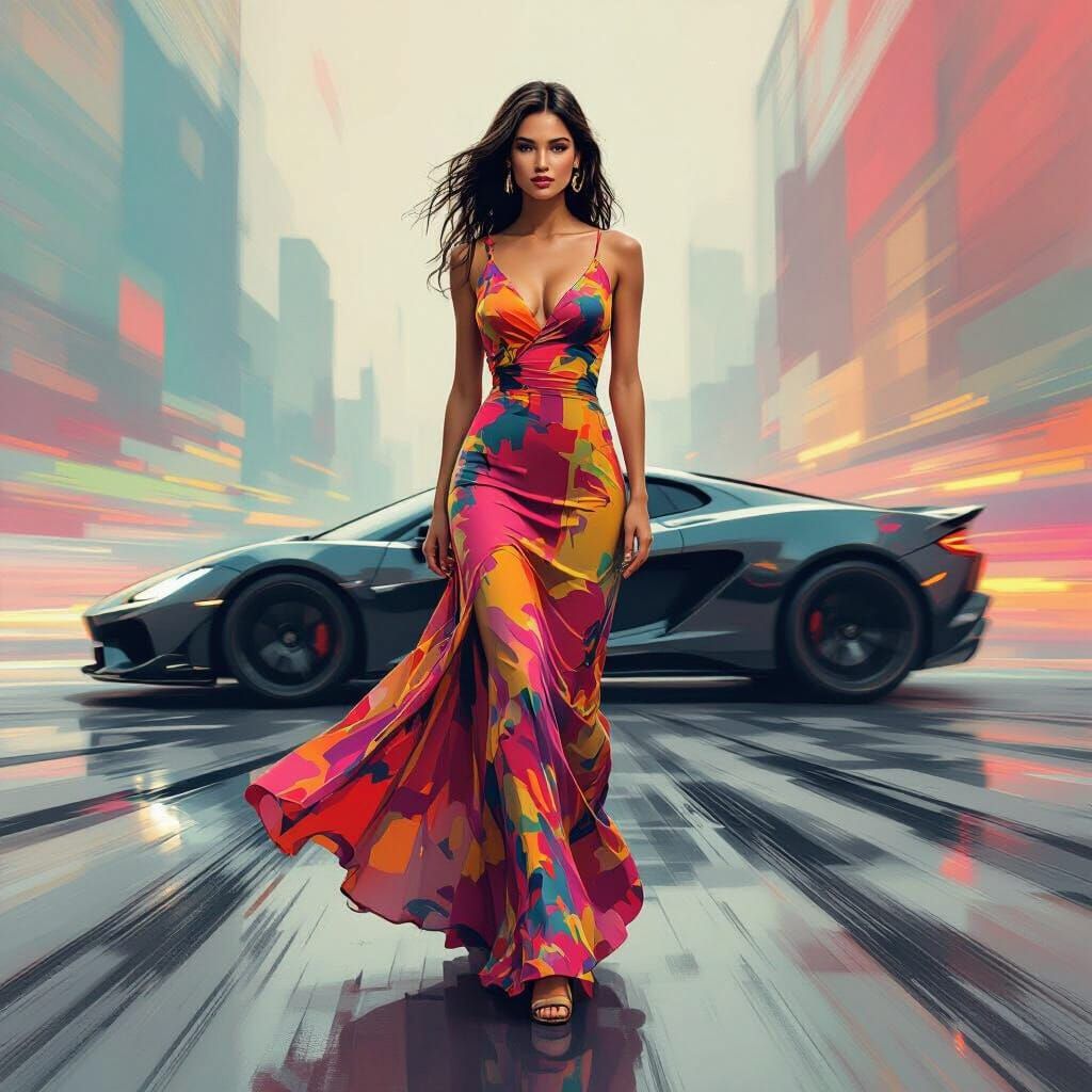 Sleek Race Car Silhouette with Vibrant Woman