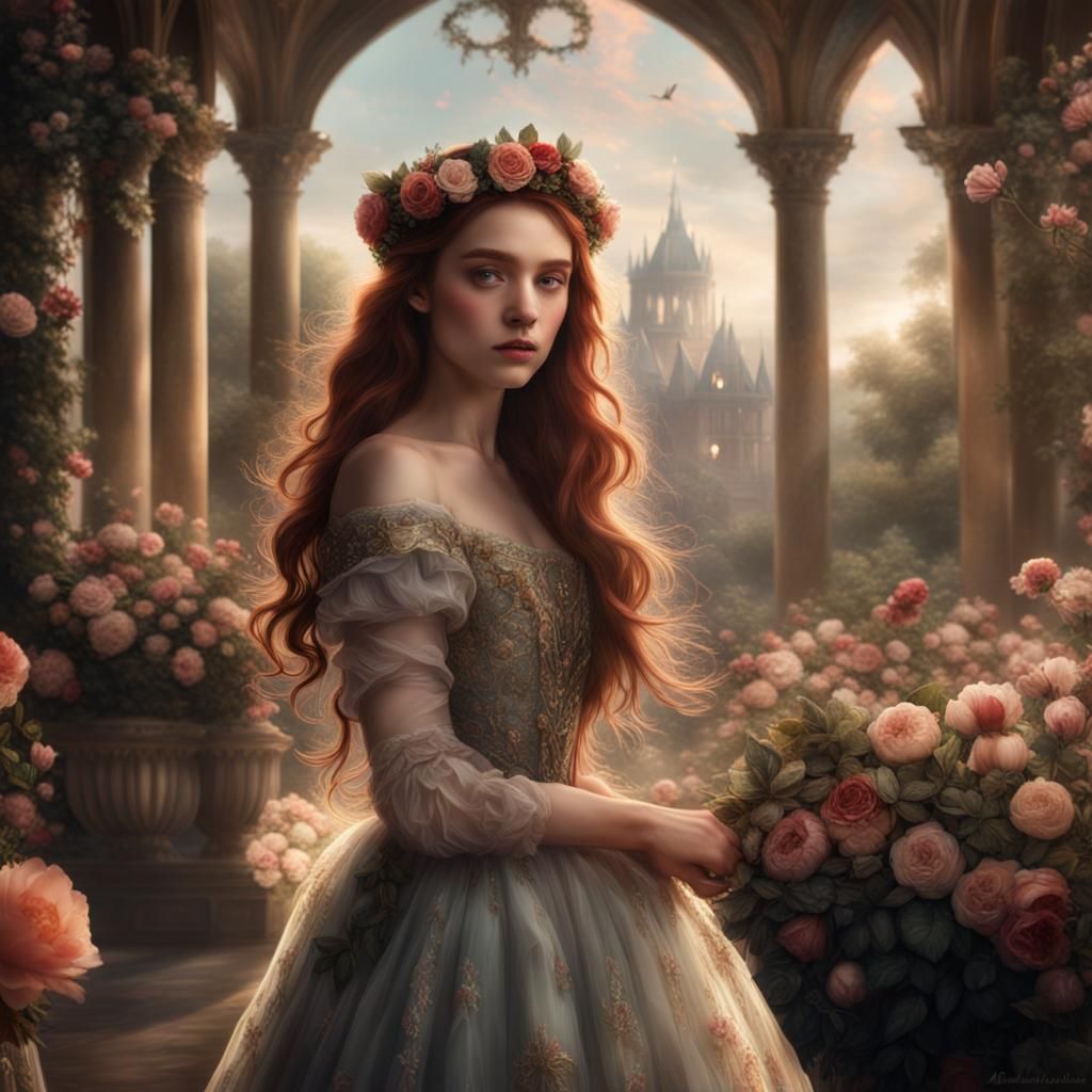 Auburn-Haired Girl in Renaissance Garden