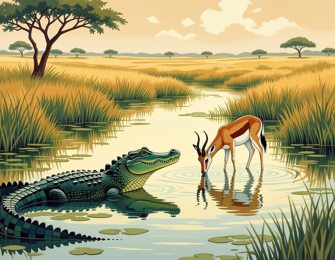 Crocodile Watches Gazelle by River in Heinrich Kley Style