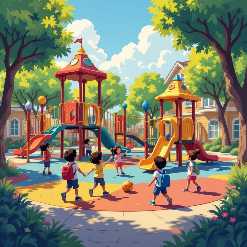 Children's Playground in Hand-Drawn 2D Cartoon Style