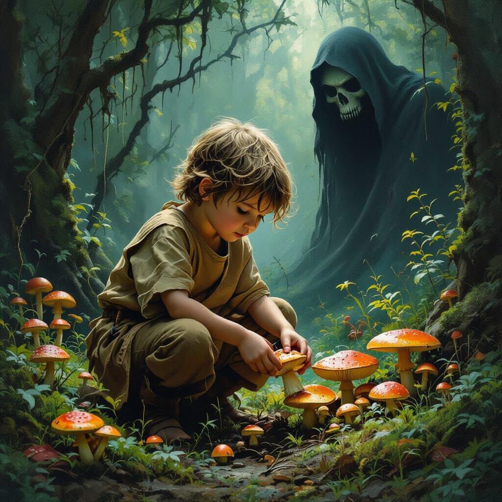 Child Foraging in Ominous Woodland, Rutkowski Style