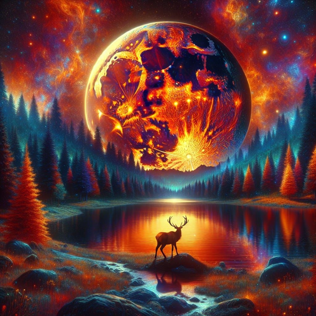 Fiery Moon Reflected on Mountain Lake with Elk