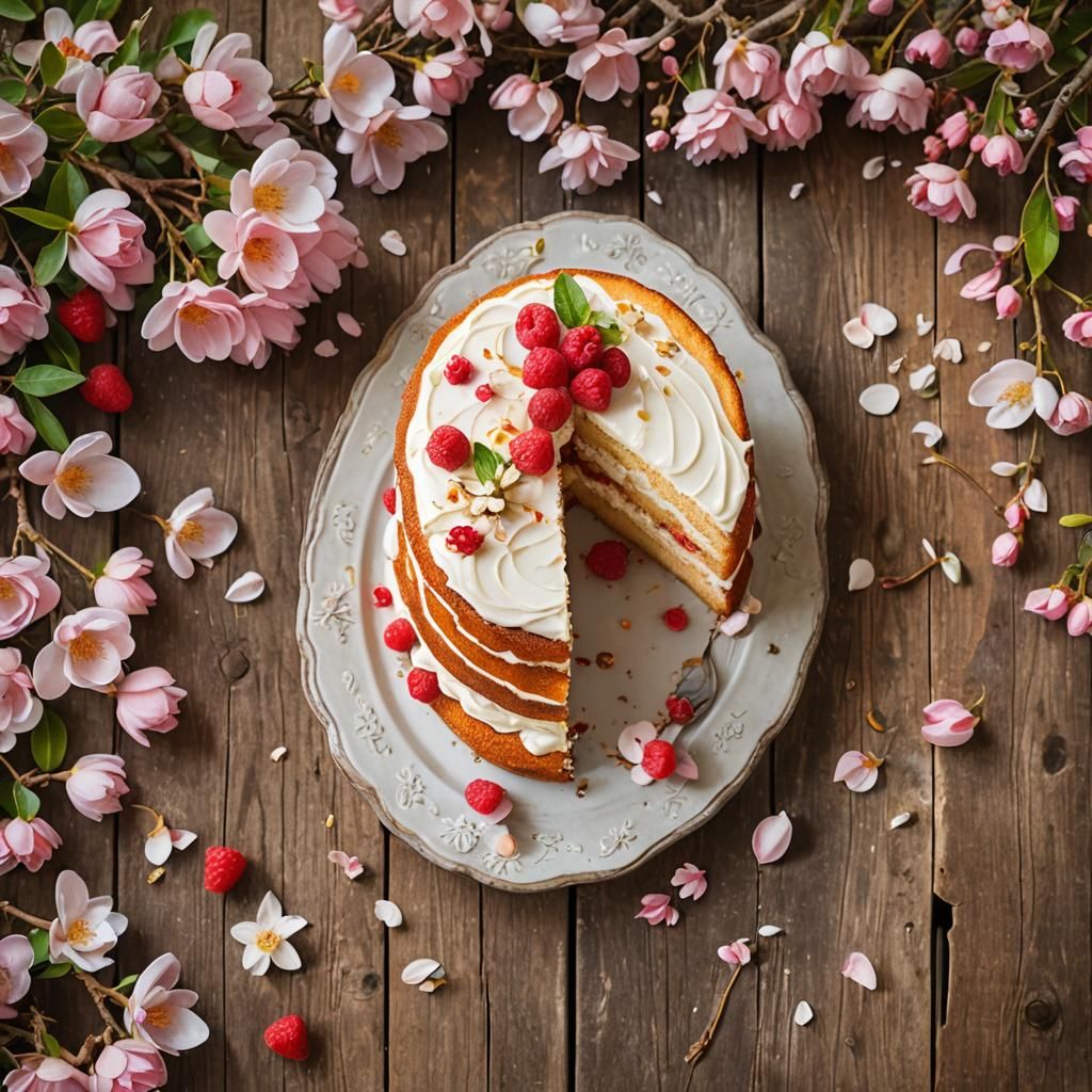 Delicate Still Life of Cake with Flowers and Fruit