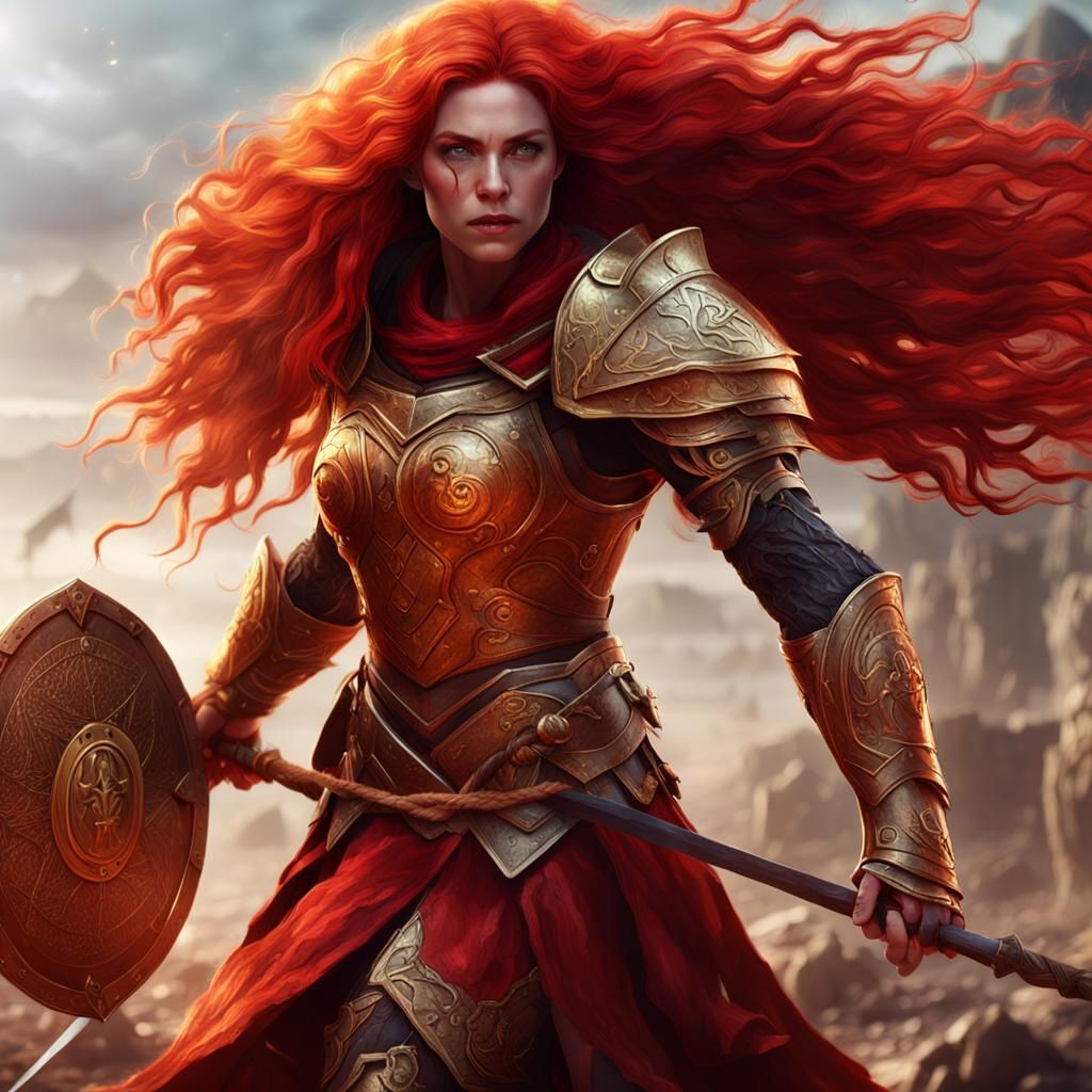 Female Ares with Spear and Shield on Battlefield