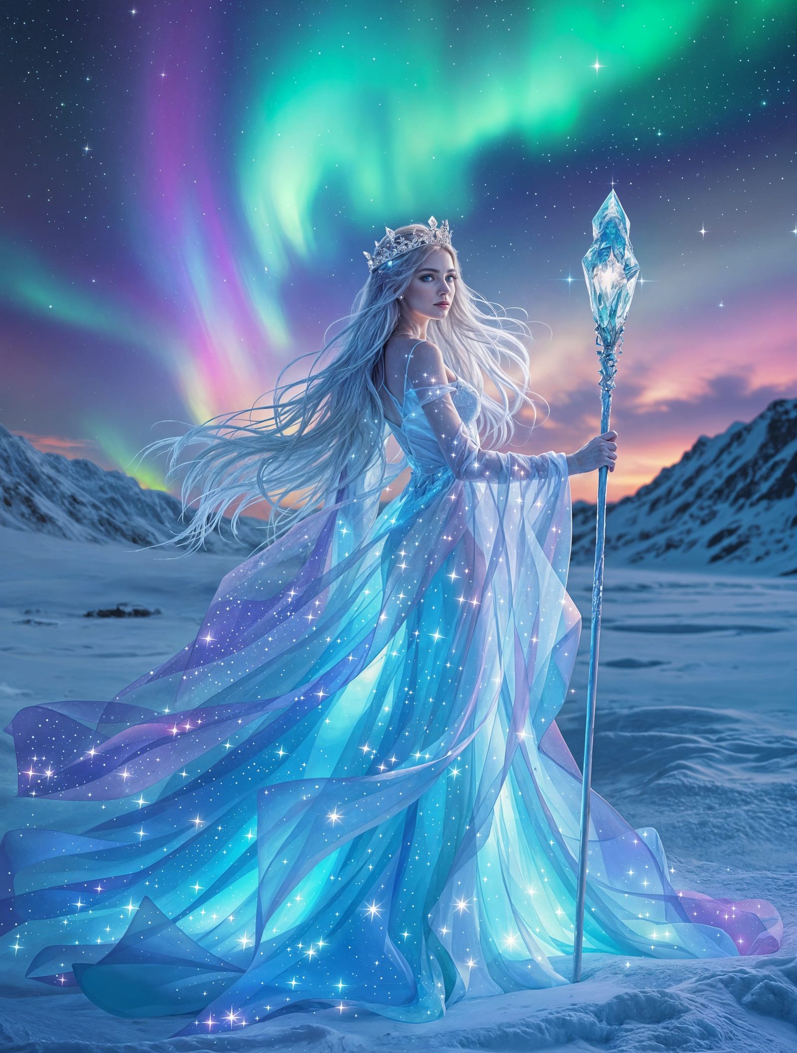 Ethereal Northern Lights Queen in Snowy Arctic Landscape