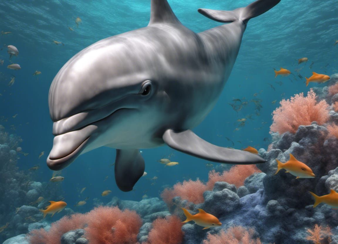 Dolphin Swimming Underwater with Coral Reef