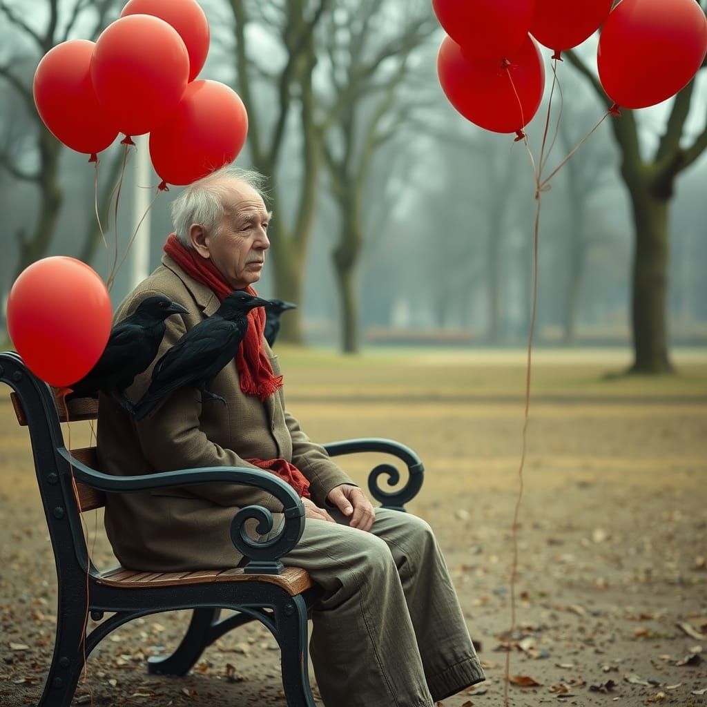 Melancholy Old Man in Park with Balloons