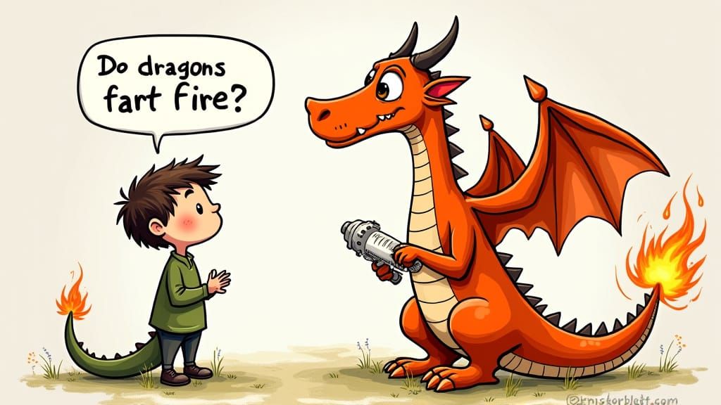 Funny Caricature of Son Questioning Father About Dragons