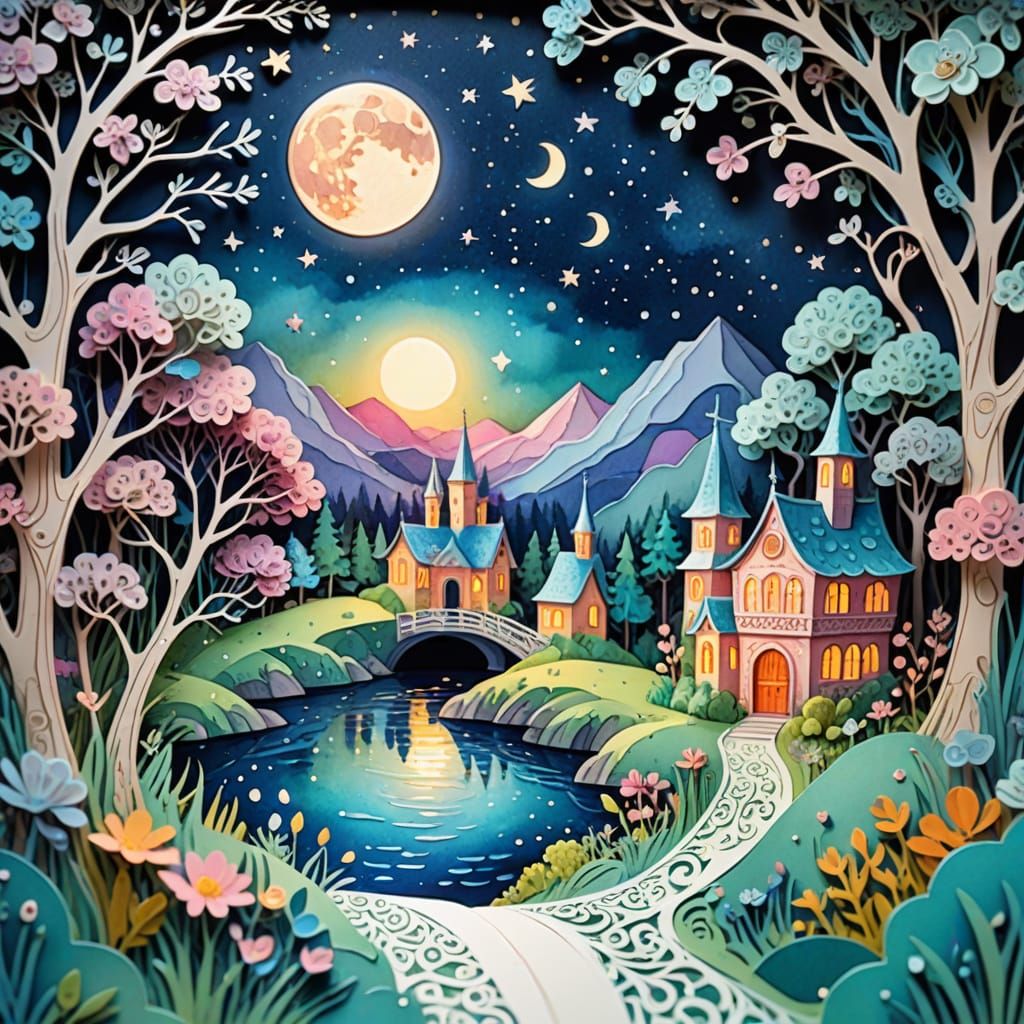 Whimsical Dreamscape Filigree Pop-Up Book in Watercolor Styl...