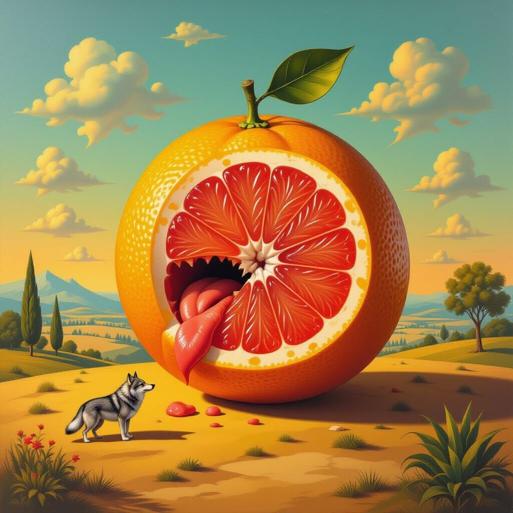Surreal Giant Grapefruit Eats Wolf in Dreamlike Landscape