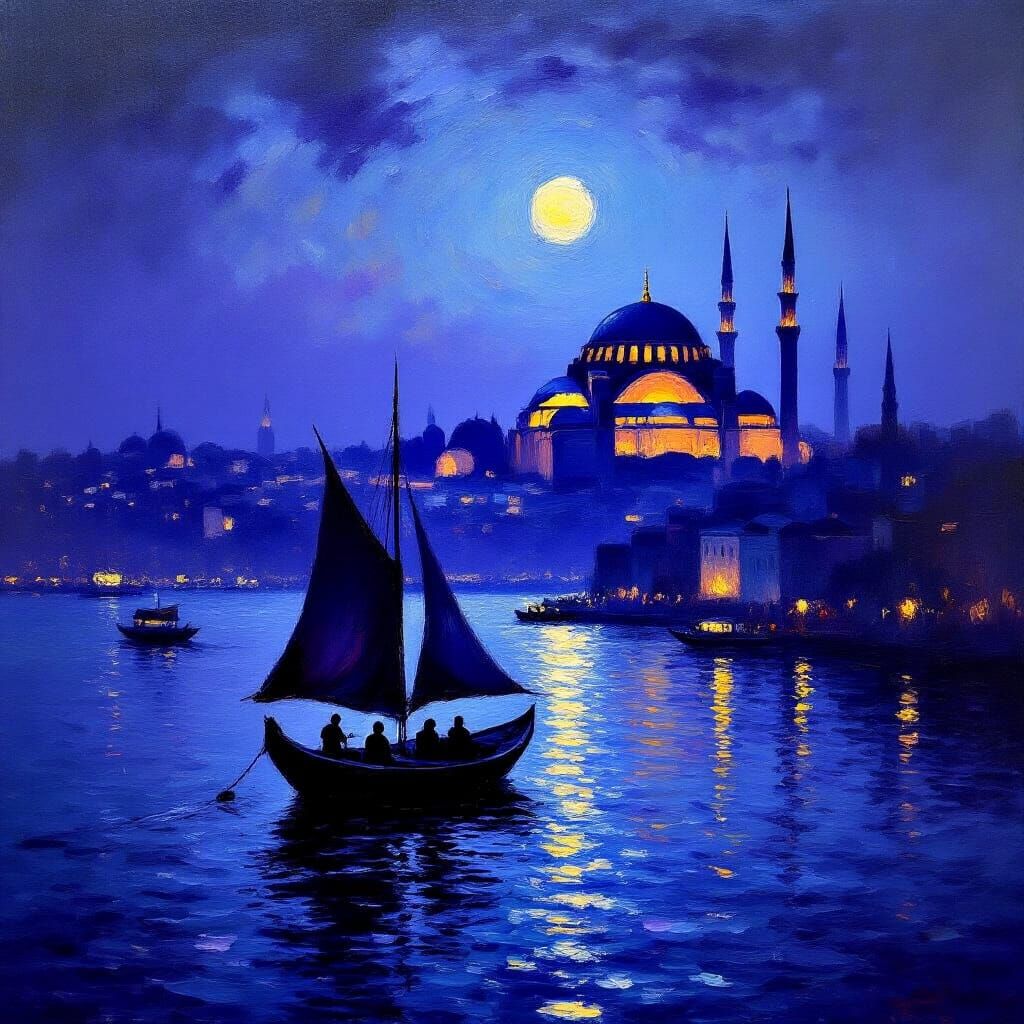 Night Over Istanbul as Impressionist Oil Painting
