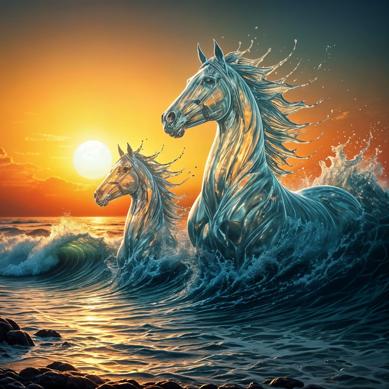 Majestic Horses Emerge from Sunset Wave