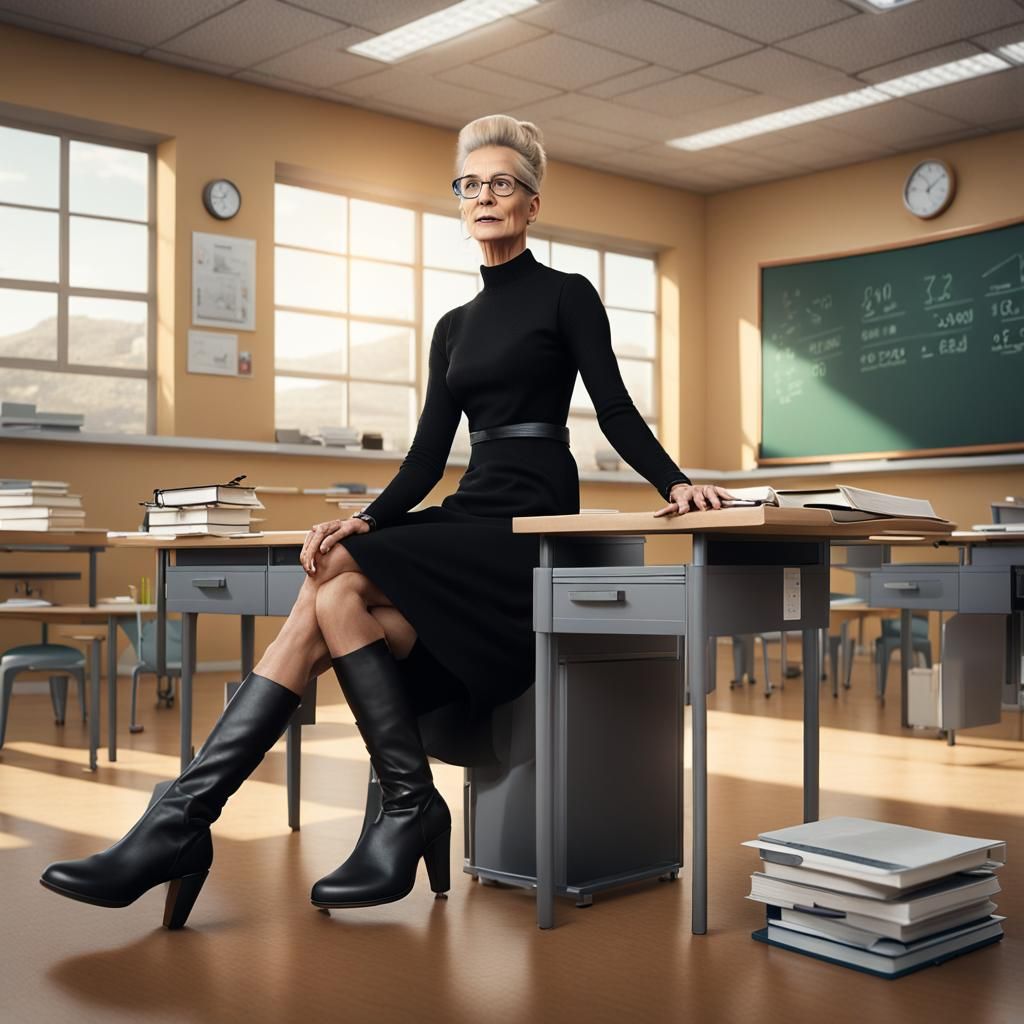 Female Teacher in Modern Classroom, Detailed Matte Painting