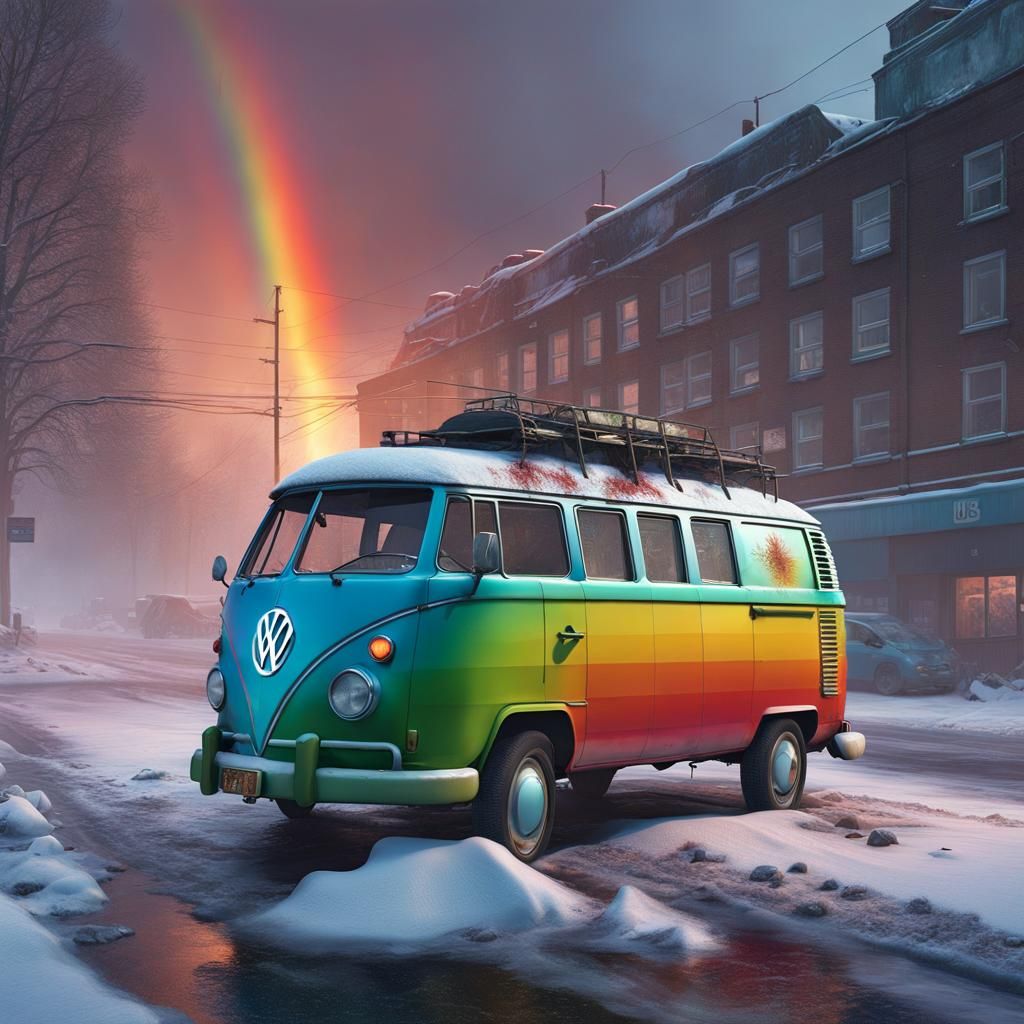 Apocalyptic Rainbow Van in Photorealistic Style
