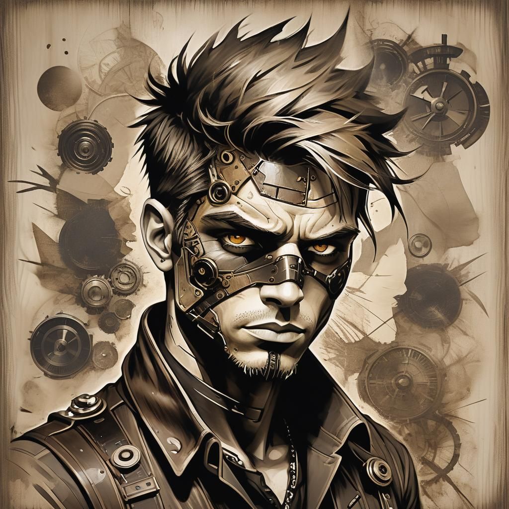 Steampunk Boy Portrait with Scratches in Sepia