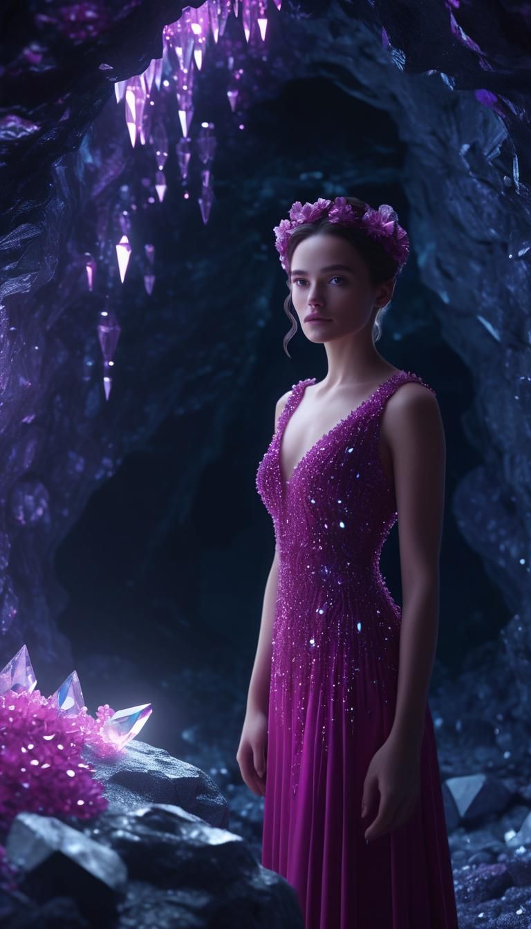 Hyperdetailed photorealistic HD-3D render of a twilight cave...