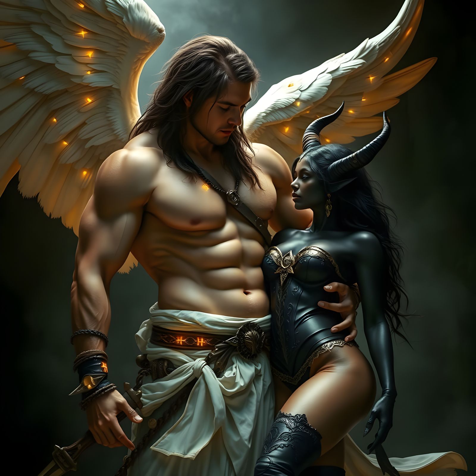 Celestial Warrior Angel Holds Demon in Forbidden Love
