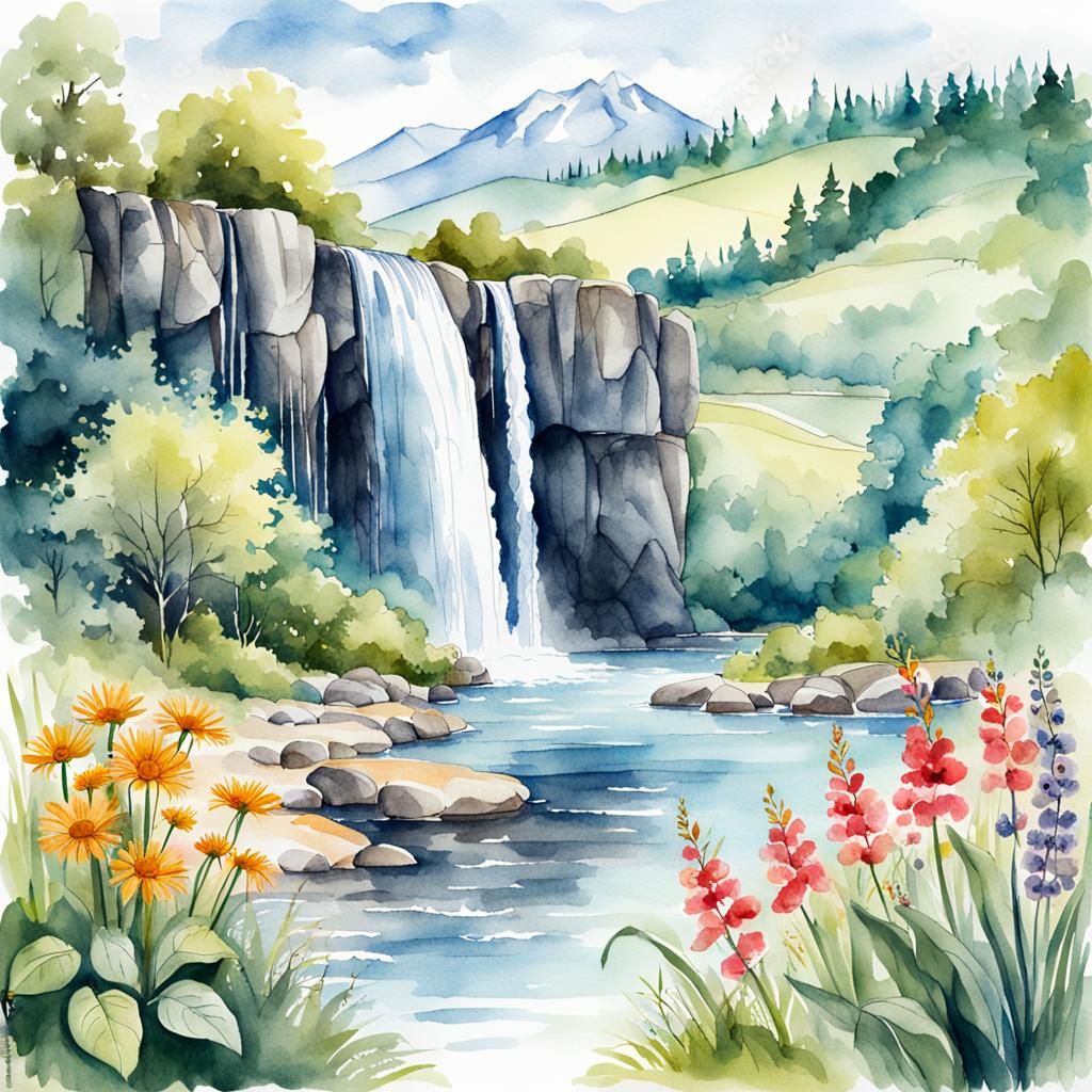 Watercolor Landscape with Waterfall and Flowers