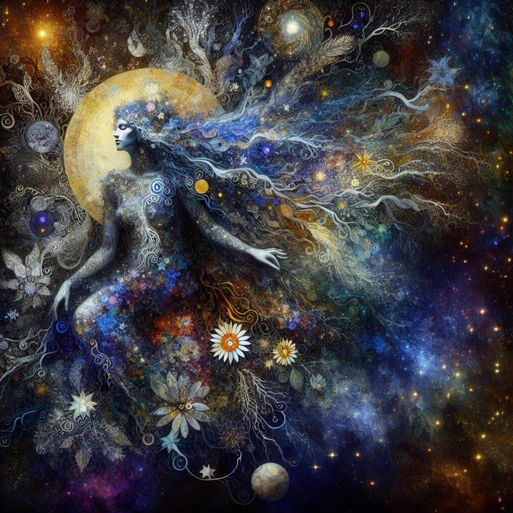 Mystical Woman in Forest Universe: Ink and Watercolor Art