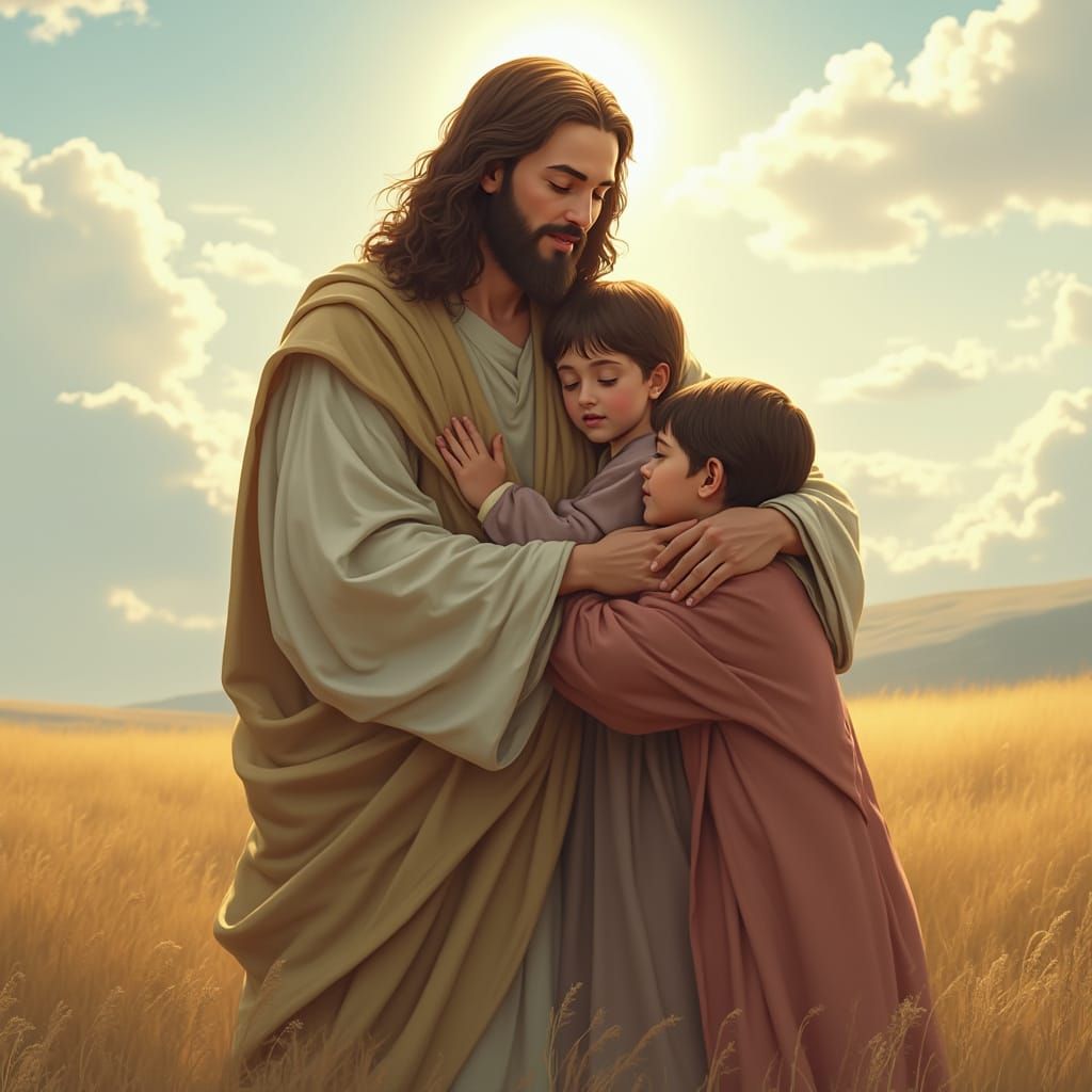 Jesus Christ Embracing Children in Ethereal Landscape