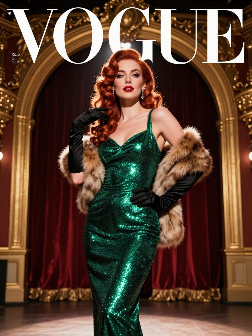 1920s Flapper Redhead on Stage in Emerald Green Dress