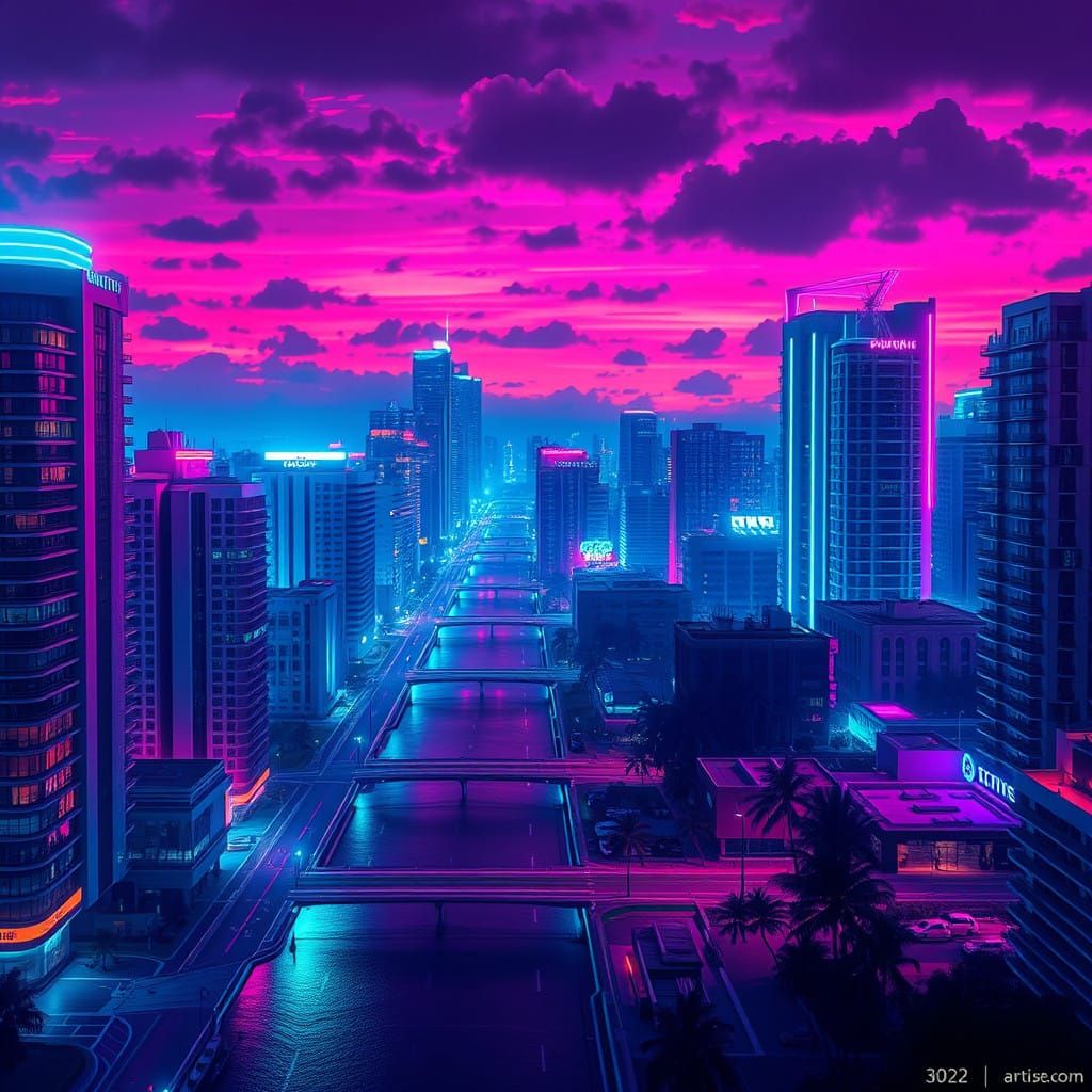 Futuristic Miami Cityscape in Vibrant Vaporwave Colors