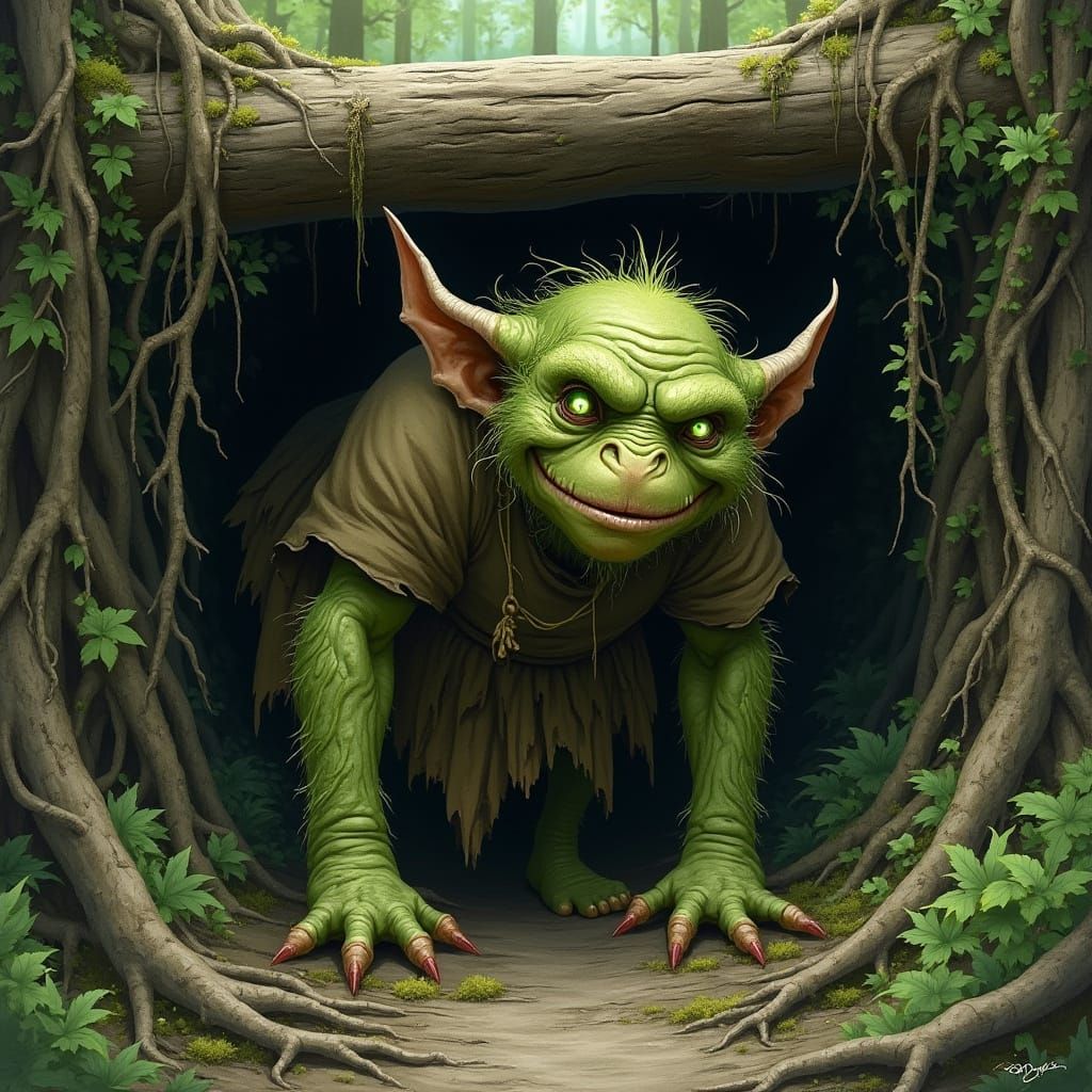 Moss Troll Hiding Under Bridge in Overgrown Forest