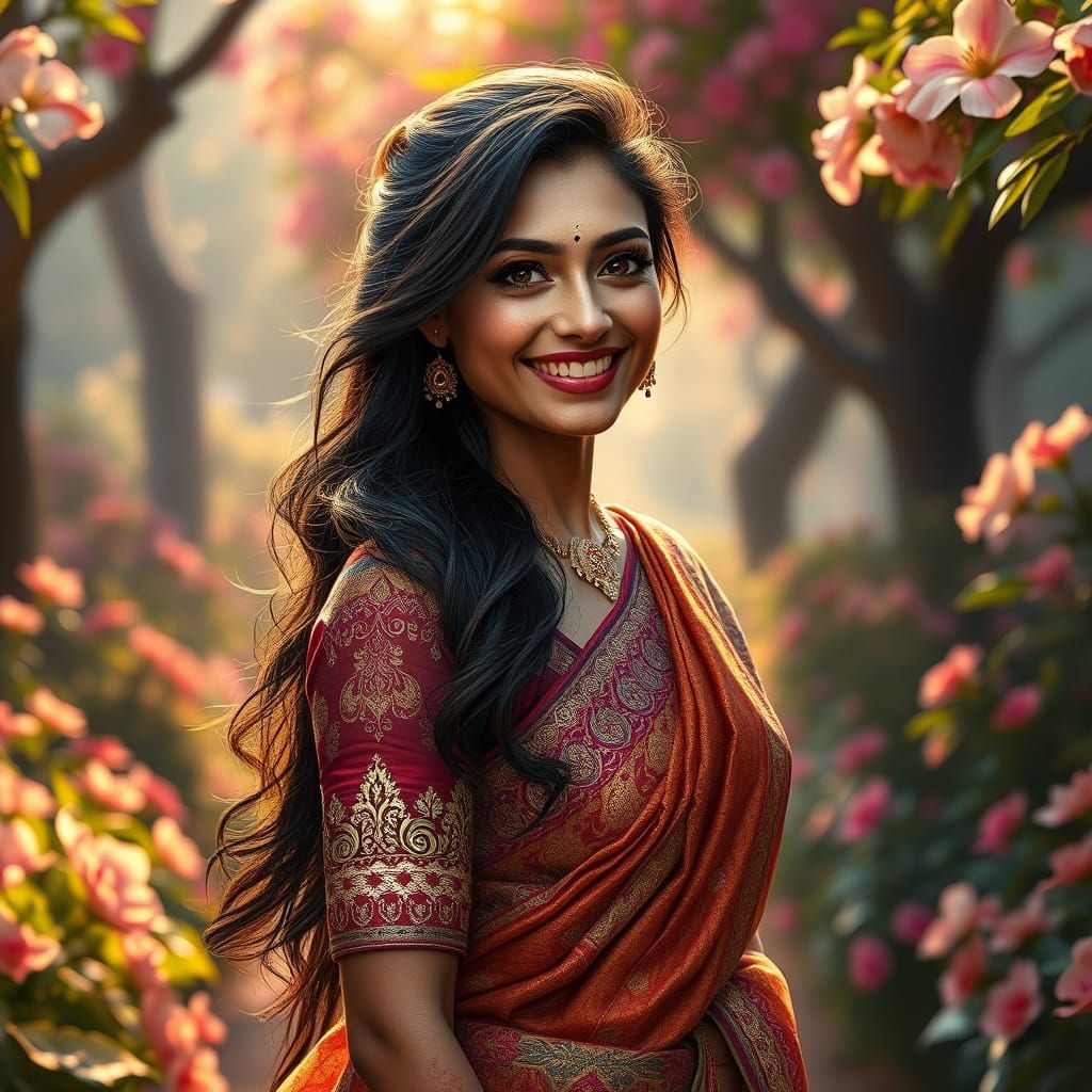 Ethereal Indian Goddess in Vibrant Garden of Dreams