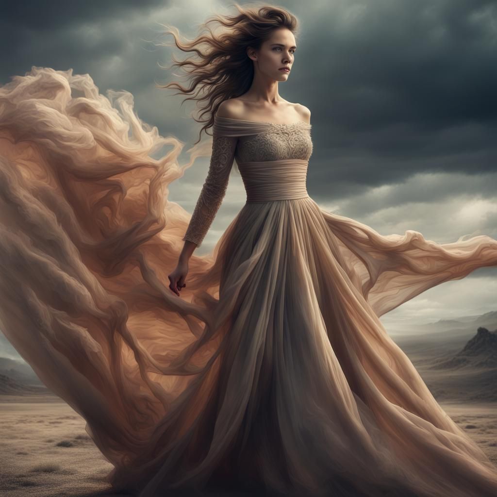 Woman's Dress Flowing in Strong Wind