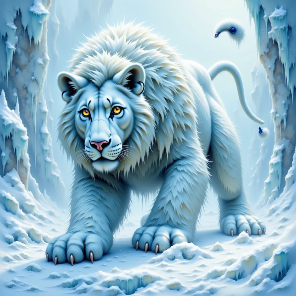 Snow Lion Hunts on Ice Cliff