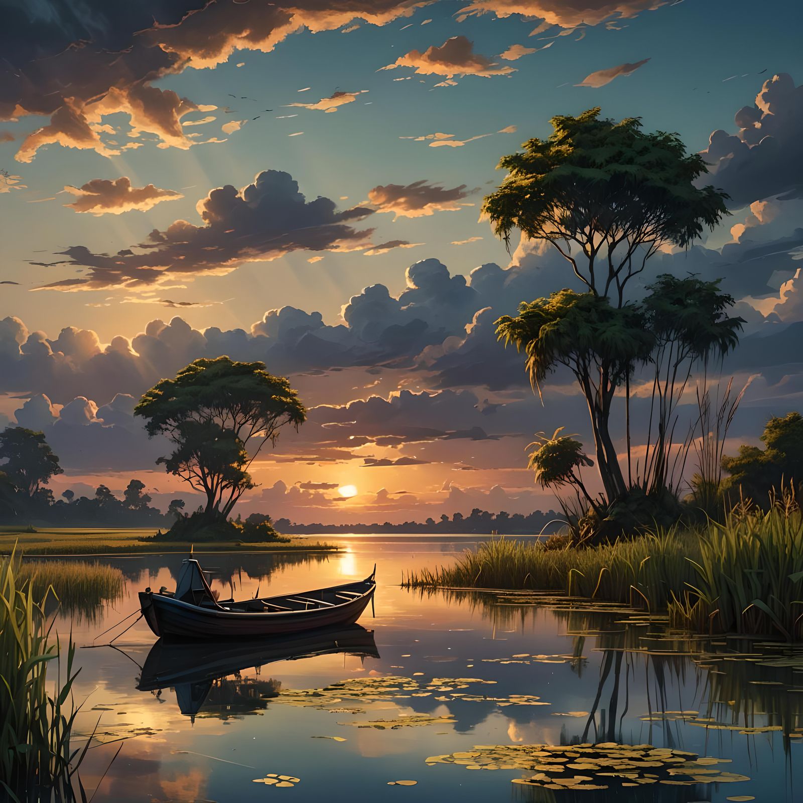 Serene Sunset Over Lagoon With Fishing Boat