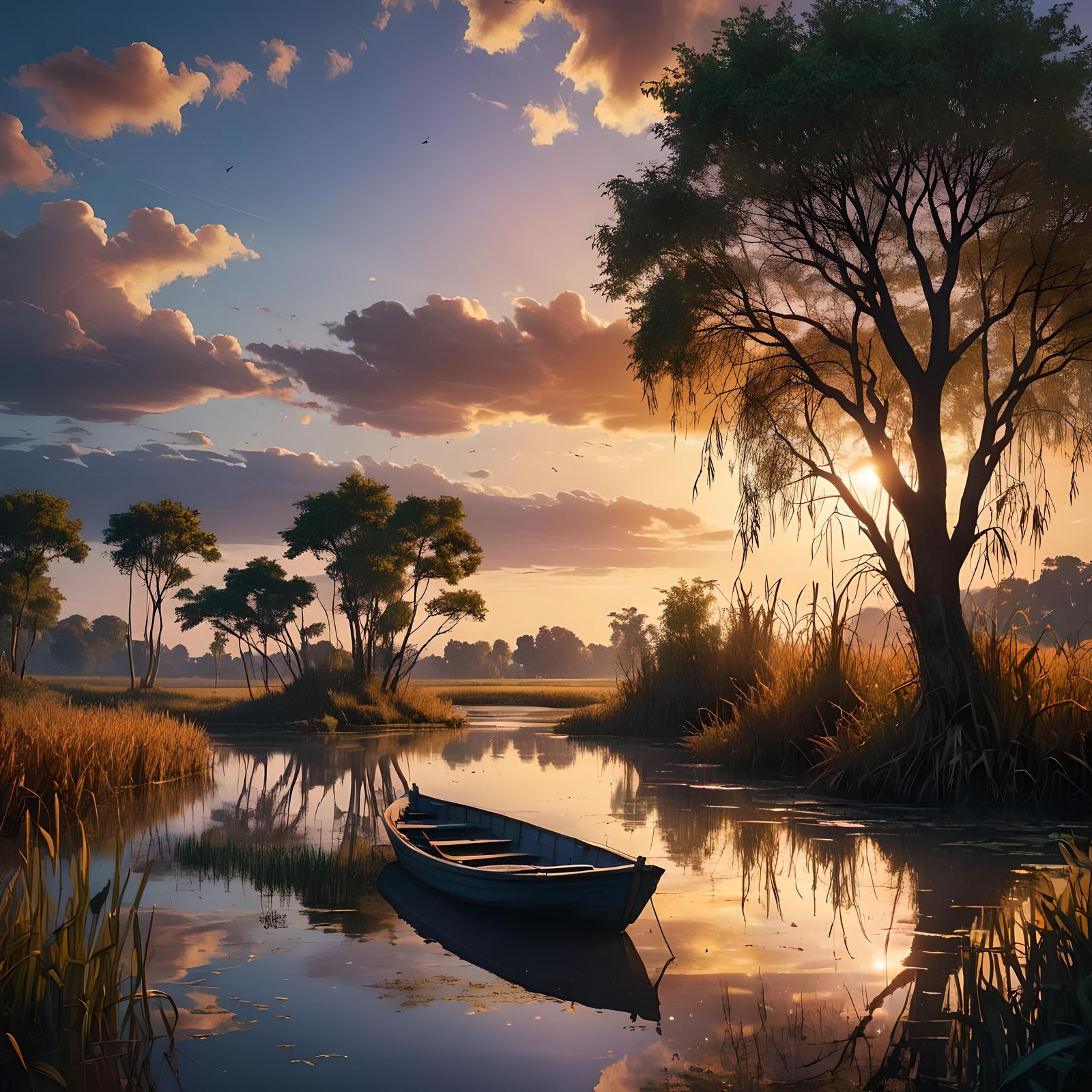 Vibrant Twilight Fishing Scene in a Serene Lagoon